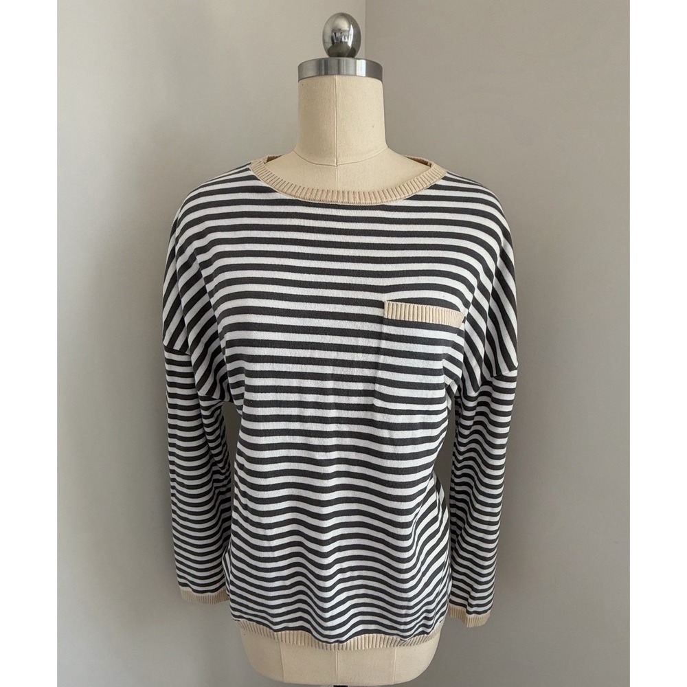 LILLUSORY XL Breton Stripe Cotton Sweater Coastal Quiet Luxury Pocket Pullover